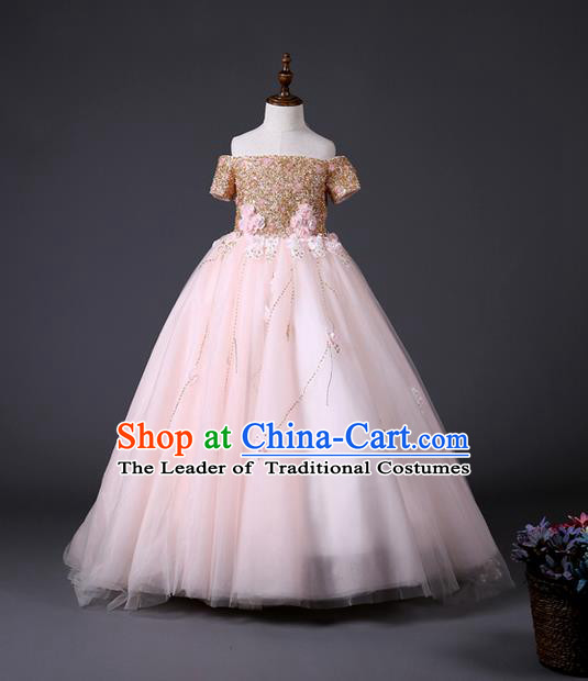 Top Grade Compere Professional Performance Catwalks Costume, Children Chorus Customize Pink Wedding Bubble Full Dress Modern Dance Baby Princess Modern Fancywork Long Dress for Girls Kids