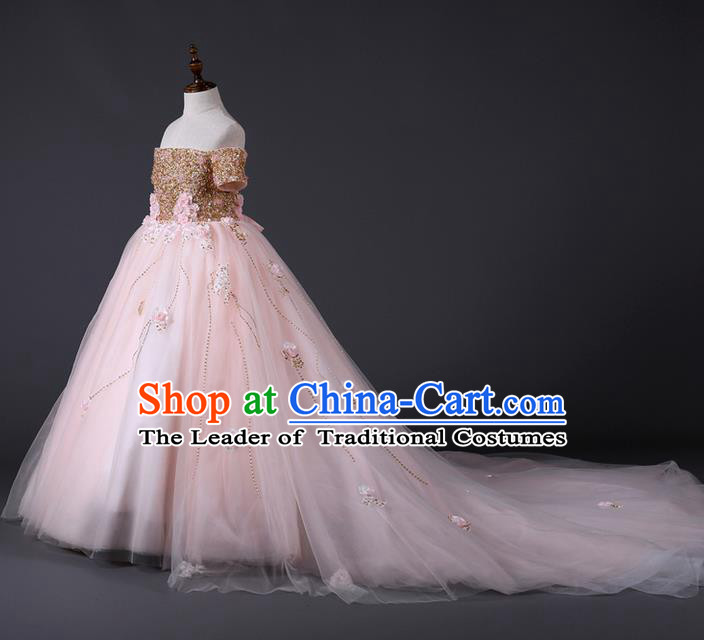 Top Grade Compere Professional Performance Catwalks Costume, Children Chorus Customize Pink Wedding Bubble Full Dress Modern Dance Baby Princess Modern Fancywork Long Trailing Dress for Girls Kids