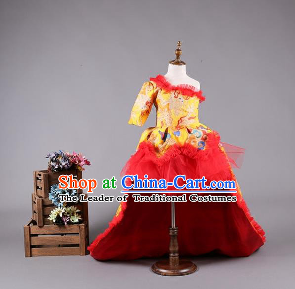 Top Grade Compere Professional Performance Catwalks Costume, China Style Tang Suit Children Chorus Customize Bubble Full Dress Modern Dance Baby Princess Modern Fancywork Long Trailing Dress for Girls Kids