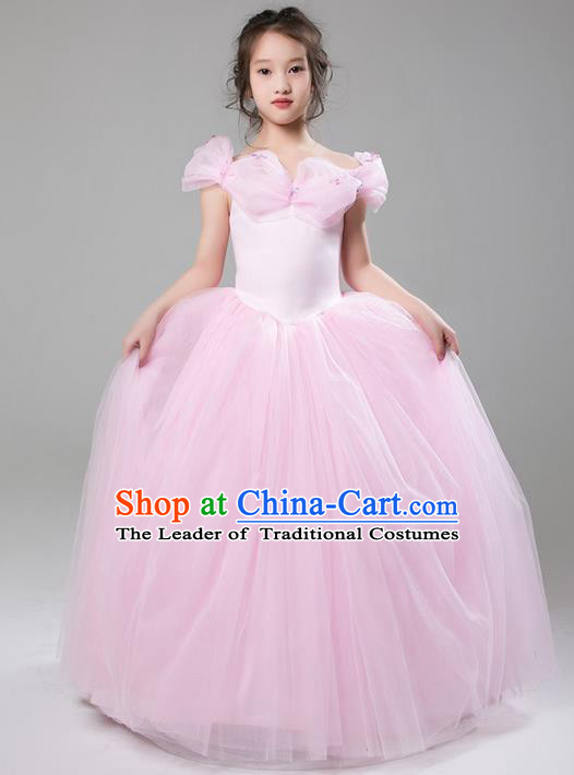 Top Grade Compere Professional Performance Catwalks Costume, Children Chorus Customize Pink Veil Cinderella Bubble Full Dress Modern Dance Baby Princess Modern Fancywork Long Ball Gown Dress for Girls Kids