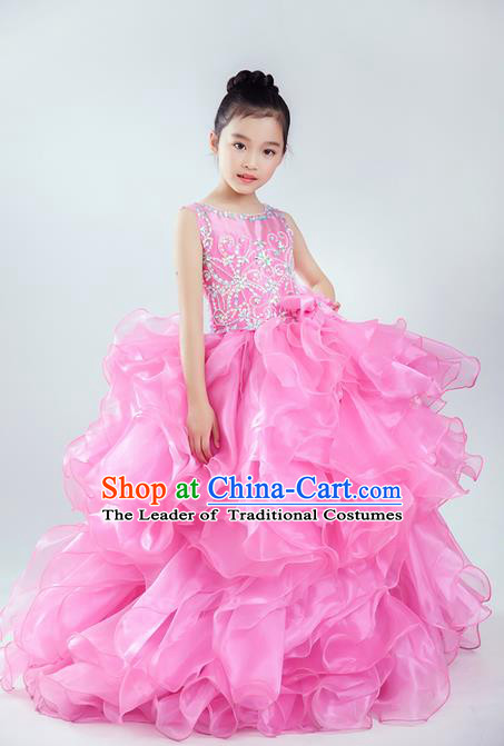 Top Grade Compere Professional Performance Catwalks Costume, Children Chorus Pink Wedding Bubble Veil Fishtail Full Dress Modern Dance Baby Princess Modern Fancywork Long Dress for Girls Kids