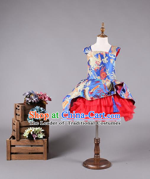 Top Grade Compere Professional Performance Catwalks Costume, China Style Tang Suit Dragon Children Chorus Customize Bubble Full Dress Modern Dance Baby Princess Modern Fancywork Short Ball Gown Dress for Girls Kids