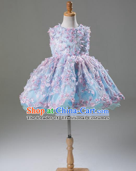 Top Grade Compere Professional Performance Catwalks Costume, Flower Faerie Children Chorus Customize Blue Bubble Full Dress Modern Dance Baby Princess Modern Fancywork Short Ball Gown Dress for Girls Kids