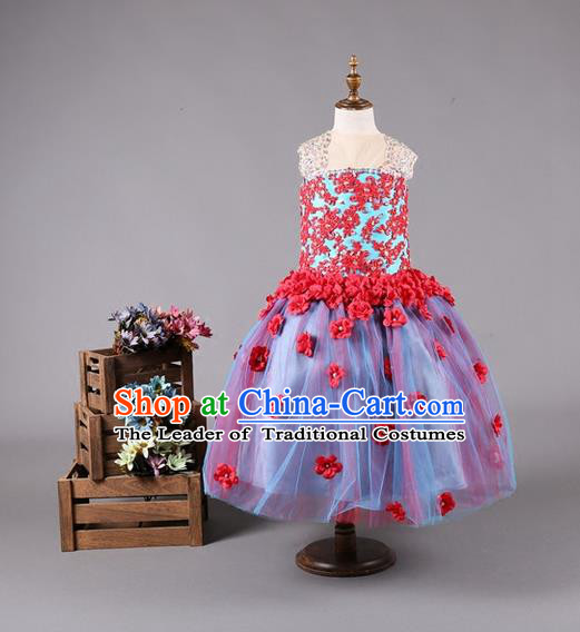 Top Grade Compere Professional Performance Catwalks Costume, Red Flower Faerie Children Chorus Customize Bubble Full Dress Modern Dance Baby Princess Modern Fancywork Short Ball Gown Dress for Girls Kids