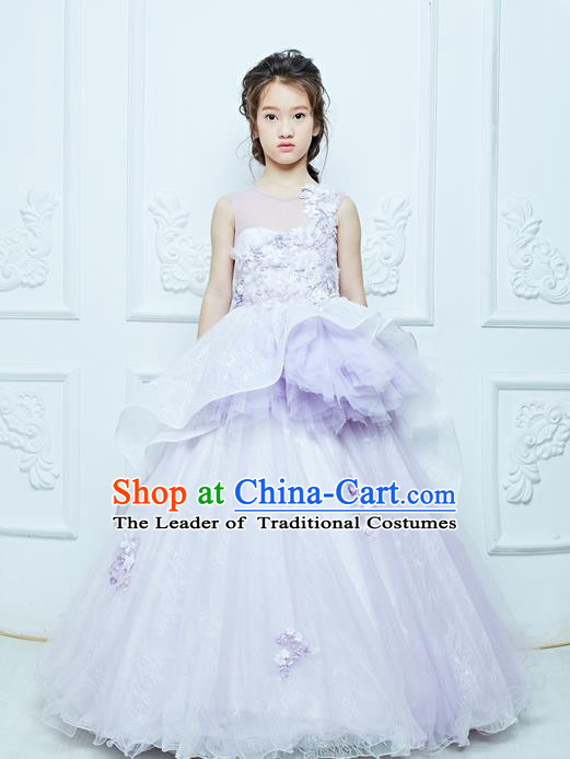 Top Grade Professional Compere Performance Catwalks Costume, Children Chorus Customize Light Purple Bubble Full Dress Modern Dance Baby Queen Modern Fancywork Long Ball Gown Dress for Girls Kids