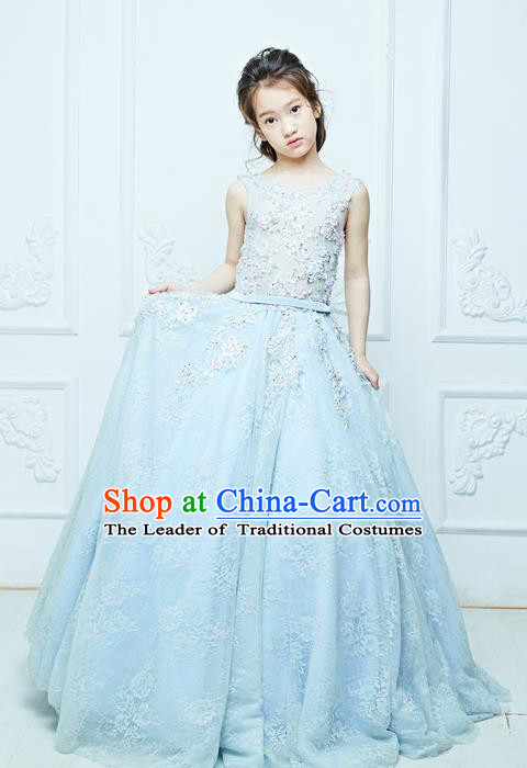 Top Grade Professional Compere Performance Catwalks Costume, Children Chorus Customize Light Blue Wedding Bubble Full Dress Modern Dance Baby Queen Modern Fancywork Long Ball Gown Dress for Girls Kids