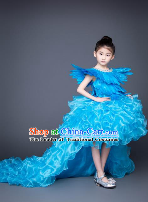 Top Grade Compere Professional Performance Catwalks Trailing Costume, Children Chorus Blue Feather Bubble Full Dress Modern Dance Baby Princess Modern Fancywork Short Dress for Girls Kids