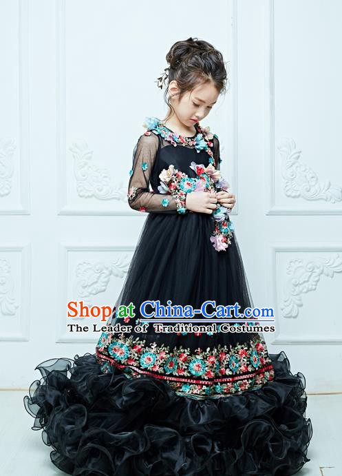 Top Grade Professional Compere Performance Catwalks Embroidery Costume, Children Chorus Customize Flower Fairy Wedding Black Veil Bubble Trailing Full Dress Modern Dance Baby Queen Modern Fancywork Long Ball Gown Dress for Girls Kids