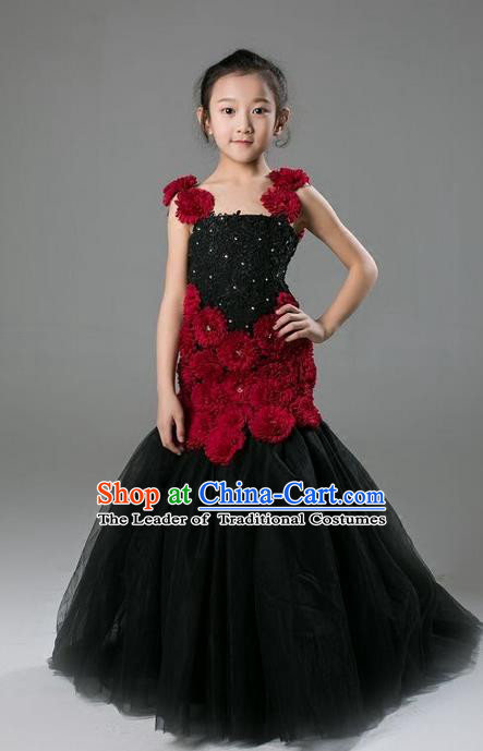 Top Grade Professional Compere Performance Catwalks Costume, Children Chorus Wedding Black Fishtail Full Dress Modern Dance Baby Princess Modern Fancywork Ball Gown Mermaid Dress for Girls Kids