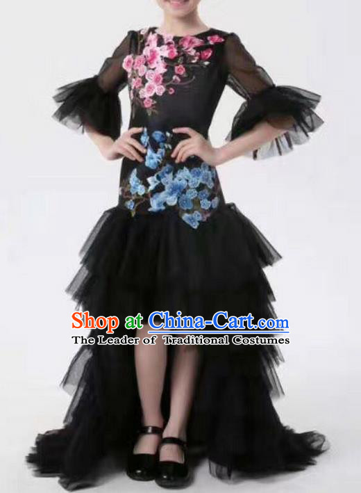 Top Grade Professional Performance Catwalks Costume, Children Chorus Baby Princess Wedding Black Veil Full Dress Modern Dance Modern Fancywork Trailing Dress for Girls Kids