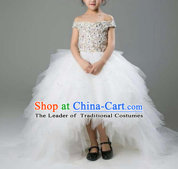 Top Grade Professional Performance Catwalks Compere Led Lights Costume, Children Chorus Baby Princess Flat Shouders Wedding Veil Full Dress Modern Dance Modern Fancywork Trailing Dress for Girls Kids