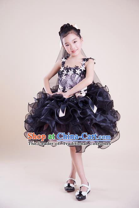 Top Grade Compere Professional Performance Catwalks Costume, Children Chorus Black Bubble Full Dress Modern Dance Baby Princess Modern Fancywork Short Dress for Girls Kids