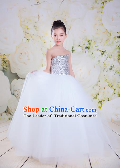 Top Grade Compere Professional Performance Catwalks Costume, Children Chorus White Veil Wedding Bubble Full Dress Modern Dance Baby Princess Modern Fancywork Long Ball Gown Dress for Girls Kids