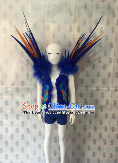 Top Grade Compere Professional Performance Catwalks Swimsuit Costume, Children Chorus Blue Feather Formal Dress Modern Dance Modern Fancywork Clothing for Boys Kids