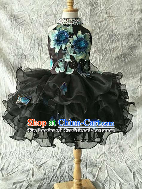 Top Grade Compere Professional Performance Catwalks Customize Costume, Children Chorus Black Bubble Full Dress Modern Dance Modern Fancywork Little Princess Short Ball Gown for Girls Kids