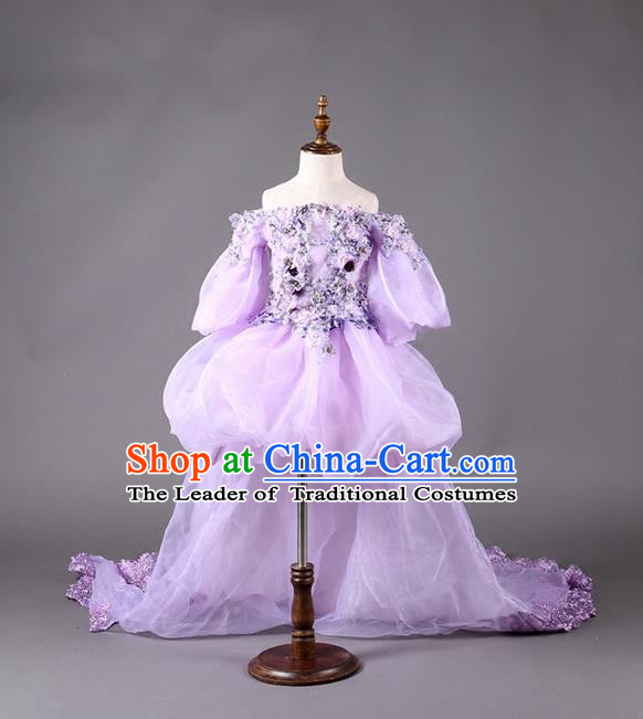 Top Grade Professional Compere Performance Catwalks Customize Costume, Children Chorus Purple Full Dress Modern Dance Modern Fancywork Little Princess Long Trailing Ball Gown for Girls Kids