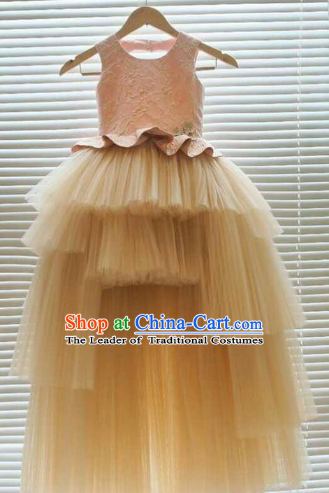 Top Grade Professional Compere Performance Catwalks Customize Costume, Children Chorus Pink Bubble Full Dress Modern Dance Modern Fancywork Little Princess Long Trailing Dress for Girls Kids