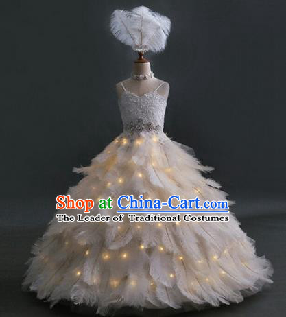 Top Grade Professional Compere Performance Catwalks Customize Feather Costume, Children Chorus Bubble Full Dress Modern Dance Modern Fancywork Little Princess Long Ball Gown for Girls Kids