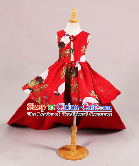 Top Grade Professional Compere Performance Catwalks Customize Costume, Children Chorus Red Full Dress Modern Dance Modern Fancywork Little Princess Long Trailing Dress for Girls Kids