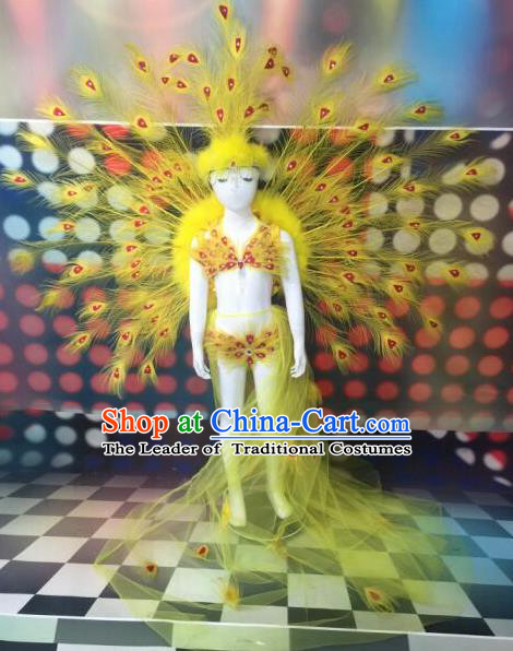 Top Grade Compere Professional Performance Catwalks Swimsuit Bikini Costume, Children Chorus Customize Yellow Peacock Feather Full Dress Modern Dance Baby Princess Modern Fancywork Long Trailing Clothing Complete Set for Girls Kids