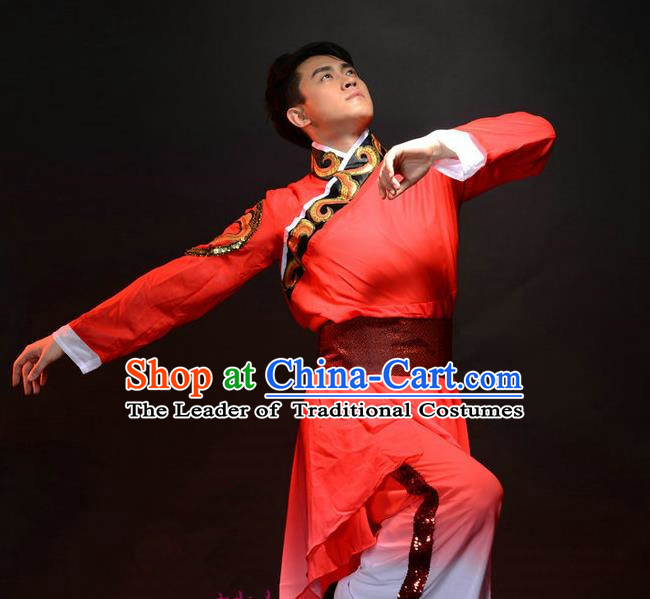 Traditional Chinese Classical Dance Yangge Fan Dance Costume, Folk Dance Drum Dance Uniform Yangko Red Clothing Complete Set for Men