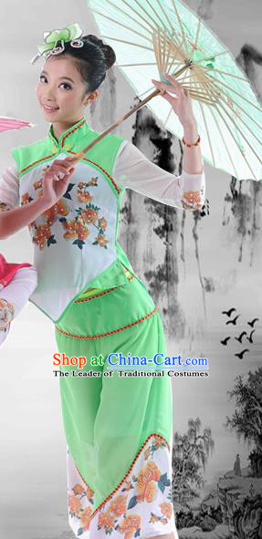 Traditional Chinese Classical Dance Yangge Fan Dancing Umbrella Dance Costume, Folk Dance Drum Dance Uniform Yangko Green Clothing Complete Set for Women