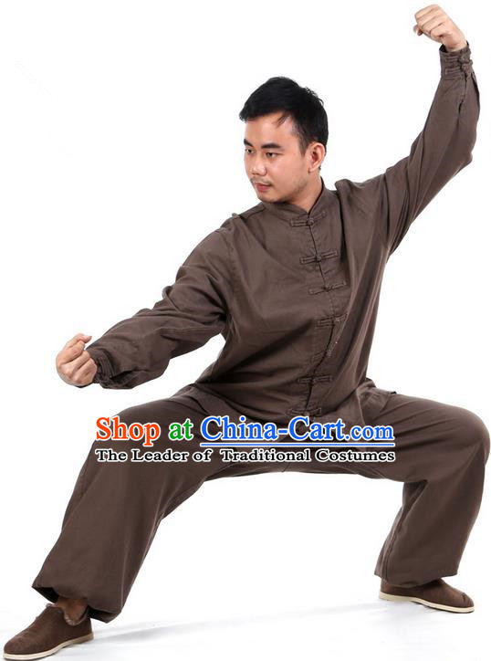 Top Kung Fu Costume Martial Arts Dark Brown Suits Pulian Clothing, Training Costume Tai Ji Uniforms Gongfu Shaolin Wushu Tai Chi Clothing for Men