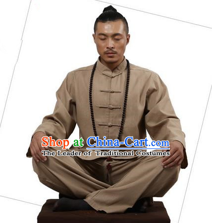 Top Grade Kung Fu Costume Martial Arts Khaki Linen Suits Pulian Zen Clothing, Training Costume Tai Ji Uniforms Gongfu Shaolin Wushu Tai Chi Clothing for Men