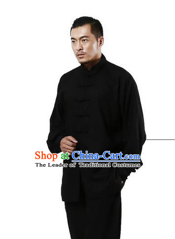 Top Grade Kung Fu Costume Martial Arts Black Linen Suits Pulian Zen Clothing, Training Costume Tai Ji Uniforms Gongfu Shaolin Wushu Tai Chi Plated Buttons Clothing for Men