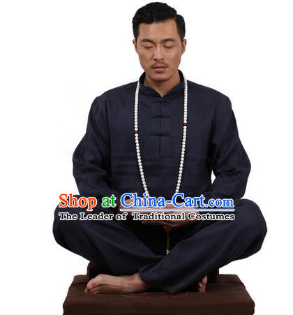 Top Grade Kung Fu Costume Martial Arts Navy Ice Silk Linen Suits Pulian Zen Clothing, Training Costume Tai Ji Uniforms Gongfu Shaolin Wushu Tai Chi Plated Buttons Clothing for Men