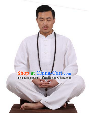 Top Grade Kung Fu Costume Martial Arts White Ice Silk Linen Suits Pulian Zen Clothing, Training Costume Tai Ji Uniforms Gongfu Shaolin Wushu Tai Chi Plated Buttons Clothing for Men