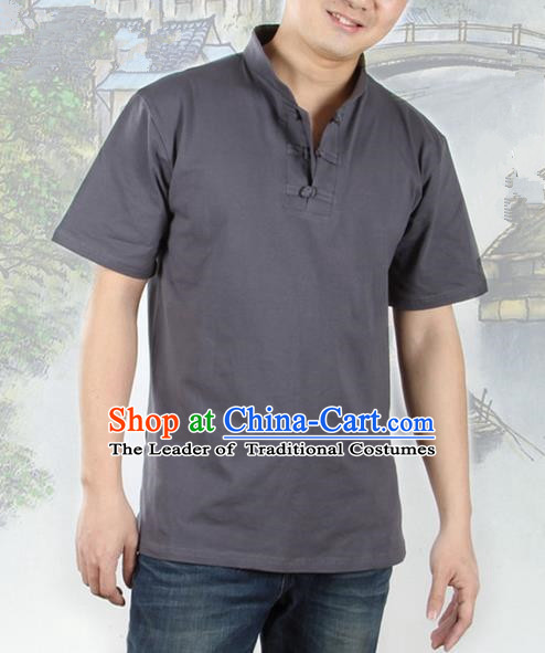 Top Grade Kung Fu Costume Martial Arts Grey Upper Outer Garment Pulian Zen Clothing, Training Costume Gongfu Shaolin Wushu Tai Chi Plated Buttons T-Shirts Clothing for Men