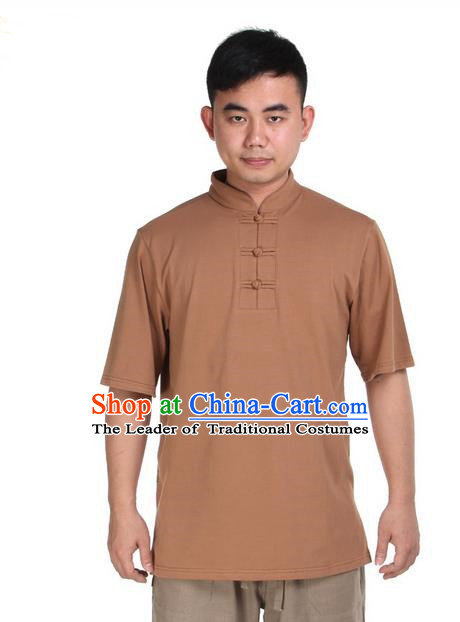 Top Grade Kung Fu Costume Martial Arts Light Tan Upper Outer Garment Pulian Zen Clothing, Training Costume Gongfu Shaolin Wushu Tai Chi Plated Buttons T-Shirts Clothing for Men