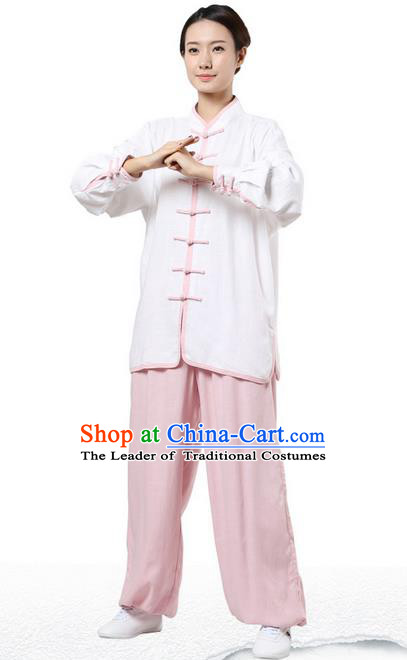 Top Grade Kung Fu Costume Martial Arts White Pink Edge Suits Pulian Zen Clothing, Training Costume Tai Ji Uniforms Gongfu Shaolin Wushu Tai Chi Plated Buttons Clothing for Women