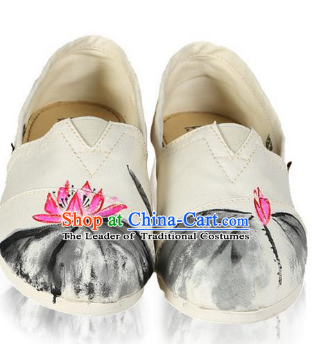 Top Grade Kung Fu Martial Arts Shoes Pulian Shoes, Chinese Traditional Tai Chi Linen Ink Painting Pink Lotus Shoes Cloth Zen Shoes for Women