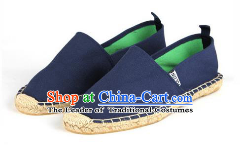 Top Grade Kung Fu Martial Arts Shoes Pulian Shoes, Chinese Traditional Tai Chi Linen Blue Shoes Monk Straw Cloth Shoes for Women for Men