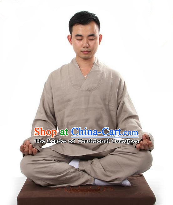 Top Grade Kung Fu Costume Martial Arts Linen Meditation Suits Pulian Zen Clothing, Training Costume Tai Ji Khaki Uniforms Gongfu Shaolin Wushu Tai Chi Clothing for Men