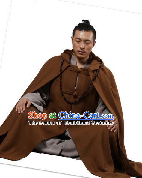 Top Kung Fu Costume Martial Arts Light Tan Woolen Cloak Pulian Clothing, Tai Ji Mantle Gongfu Shaolin Wushu Tai Chi Meditation Cape for Women for Men