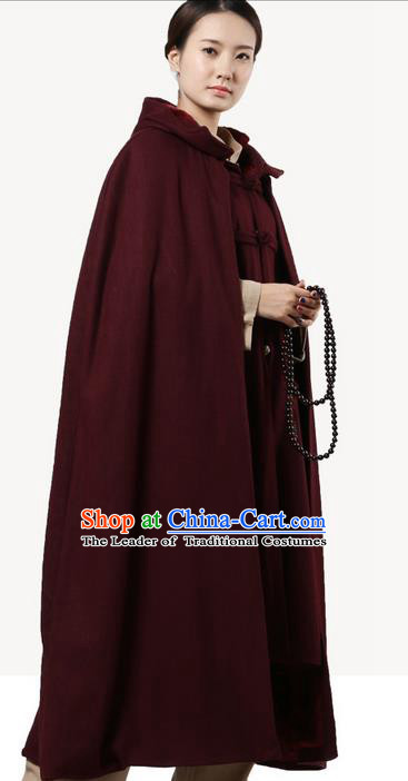 Top Kung Fu Costume Martial Arts Wine Red Woolen Cloak Pulian Clothing, Tai Ji Mantle Gongfu Shaolin Wushu Tai Chi Meditation Cape for Women for Men