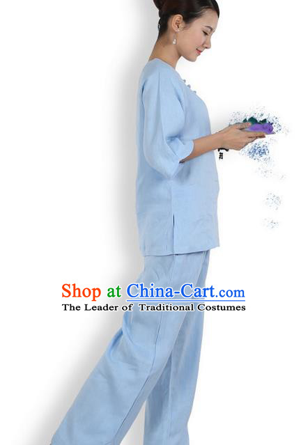 Top Grade Kung Fu Costume Martial Arts Blue Linen Suits Pulian Zen Clothing, Training Costume Tai Ji Meditation Uniforms Gongfu Shaolin Wushu Tai Chi Plated Buttons Clothing for Women