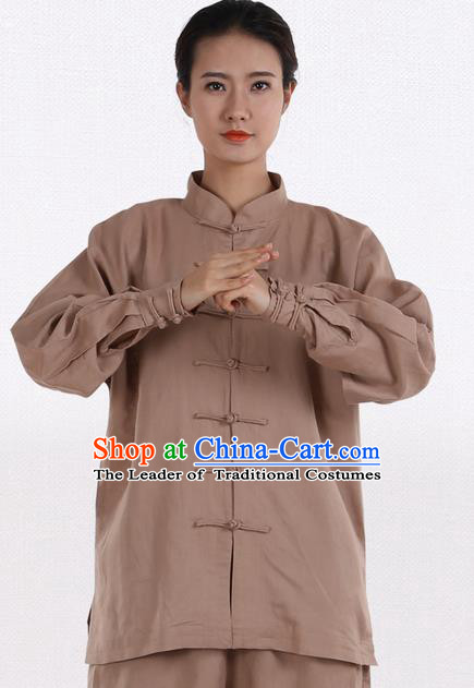 Top Grade Kung Fu Costume Martial Arts Khaki Linen Suits Pulian Zen Clothing, Training Costume Tai Ji Meditation Uniforms Gongfu Wushu Tai Chi Plated Buttons Clothing for Women