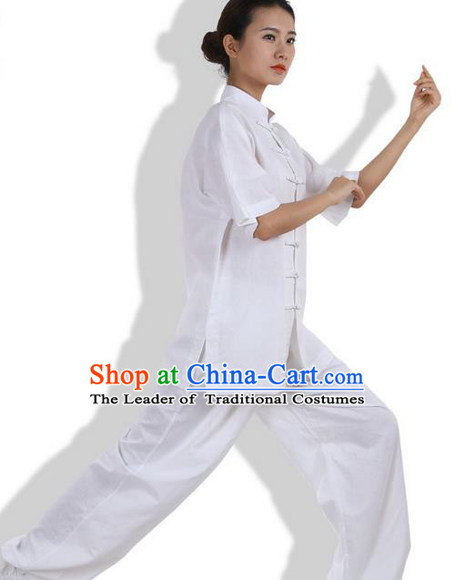 Top Grade Kung Fu Costume Martial Arts White Linen Suits Pulian Zen Clothing, Training Costume Tai Ji Meditation Uniforms Gongfu Wushu Tai Chi Short Sleeve Clothing for Women