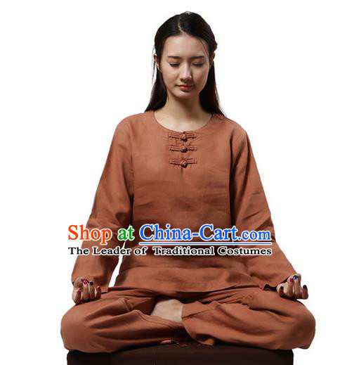 Top Grade Kung Fu Costume Martial Arts Rusty Red Linen Suits Pulian Clothing, Zen Costume Tai Ji Meditation Uniforms Wushu Tai Chi Long Sleeve Clothing for Women