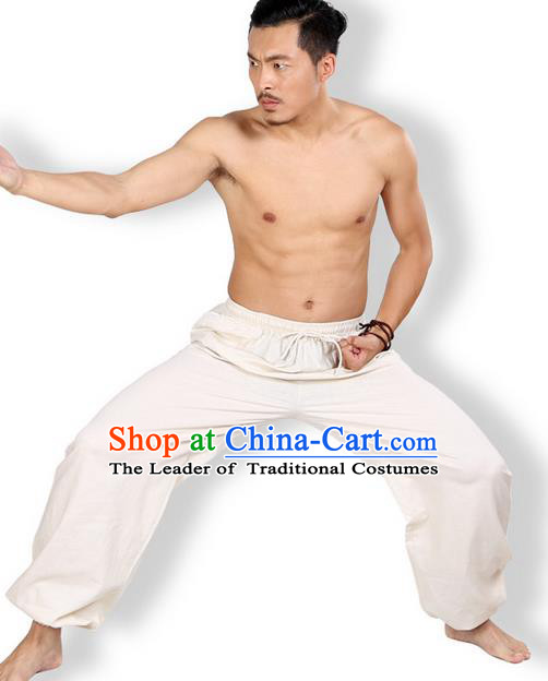 Top Grade Kung Fu Costume Martial Arts Beige Linen Pants Pulian Zen Clothing, Training Bloomers Gongfu Meditation Trousers Shaolin Wushu Tai Chi Plus Fours for Men