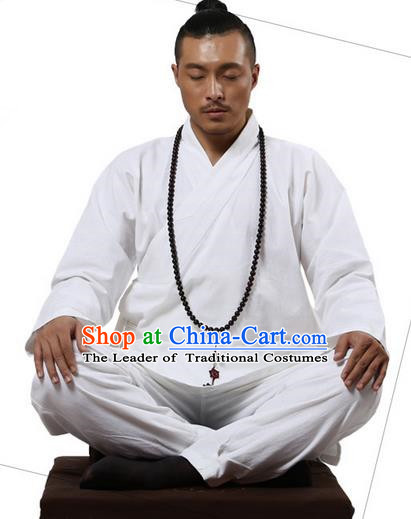 Traditional Chinese Kung Fu Costume Martial Arts White Linen Suits Pulian Clothing, Training Costume Tai Ji Meditation Uniforms Gongfu Wushu Tai Chi Clothing for Men