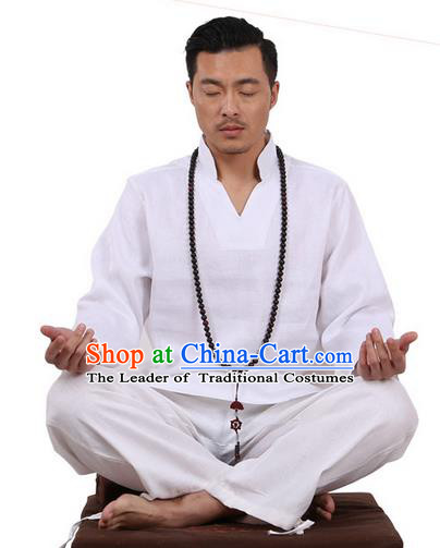 Traditional Chinese Kung Fu Costume Martial Arts White Linen Training Suits Pulian Clothing, Tai Ji Meditation Uniforms Gongfu Wushu Tai Chi Clothing for Men