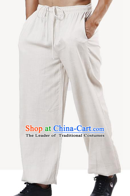 Top Grade Kung Fu Costume Martial Arts Beige Linen Pants Pulian Training Bloomers, Gongfu Trousers Shaolin Wushu Tai Chi Plus Fours for Men