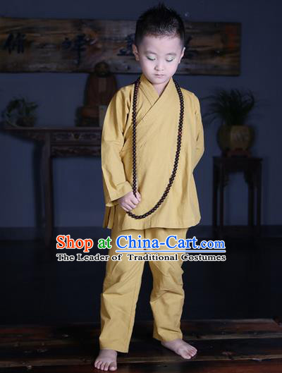 Traditional Chinese Kung Fu Costume Martial Arts Litter Monk Suits Pulian Meditation Clothing, Children Tang Suit Uniforms Tai Chi Khaki Clothing for Kids