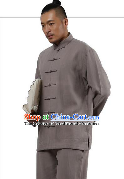 Traditional Chinese Kung Fu Costume Martial Arts Grey Ramine Suits Pulian Meditation Clothing, Tai Ji Uniforms Wushu Tai Chi Zen Clothing for Men