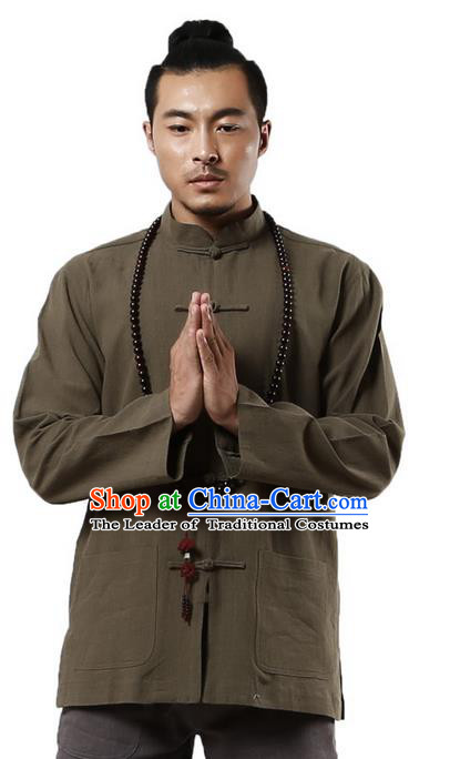 Traditional Chinese Kung Fu Costume Martial Arts Linen Plated Buttons Army Green Overshirt Pulian Clothing, China Tang Suit Shirt Tai Chi Clothing for Men